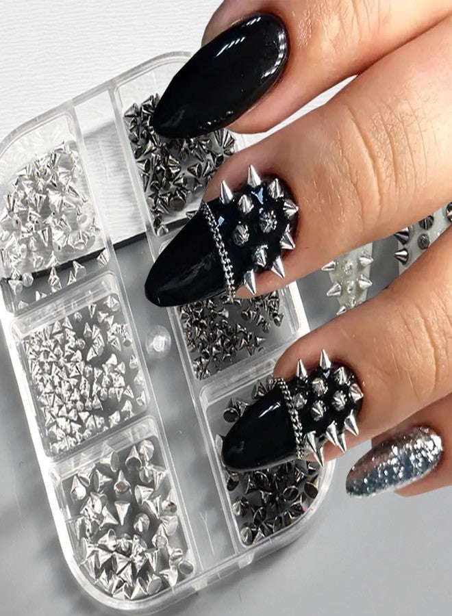 YKZFUI Punk Bullet Rivet Nail Charm 3D Alloy Flat Bottomed Pointed Cone Mixed Black Silver Nail Art Rhinestones Studs Goth Nail Art Charm Spike Nails for Women DIY Nail Decoration Accessories Crafts 6 Grids - Image 2